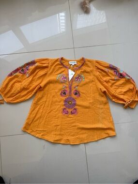 NWT Antik Batik Orange Embroidered Peasant Blouse size L